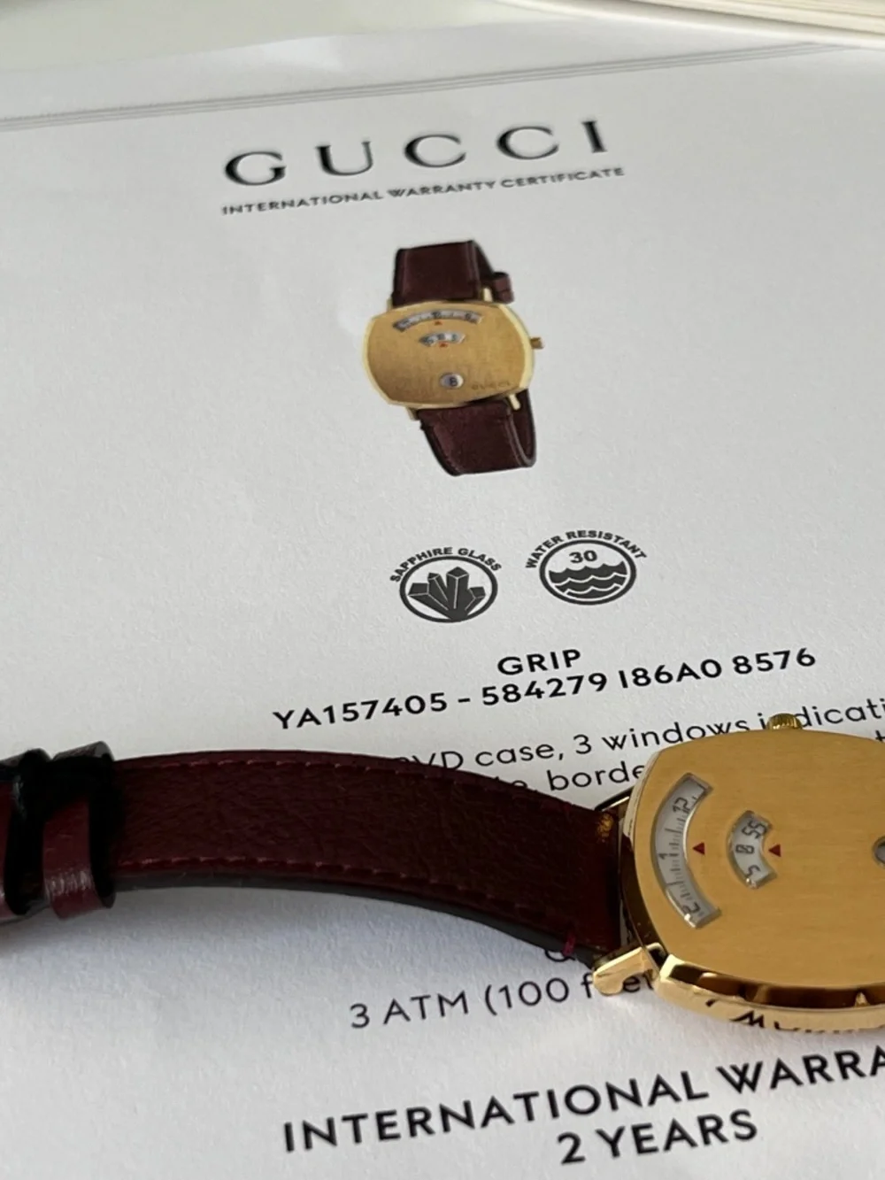 Gucci Grip YA157405 Yello Gold PVD case 3 Window Stainless Steel Bordeaux Leathe